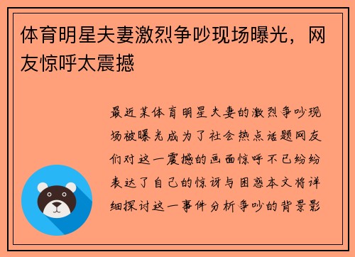 体育明星夫妻激烈争吵现场曝光，网友惊呼太震撼